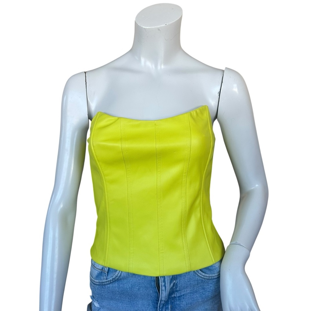 Tiger Mist Faux Leather Bright Lime Yellow Zip Up Back Sleeveless Corset Top Med
